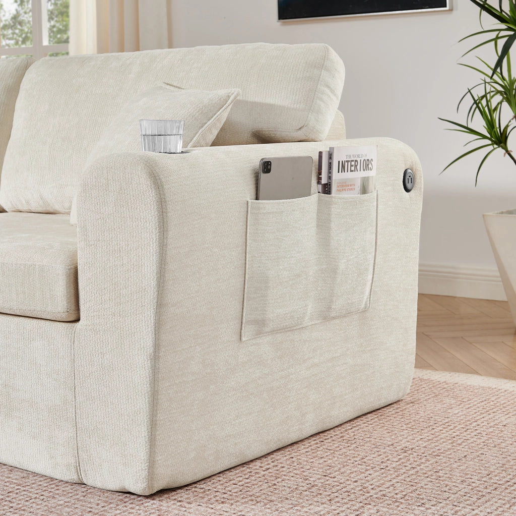 Divano relax 2 posti in ciniglia beige con ricarica USB; tasche laterali e portabevande