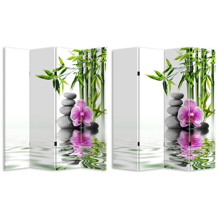 Paravento Separe 4 Pannelli Stampa Fronte Retro Pietre e Orchidea ZEN 180x160cm