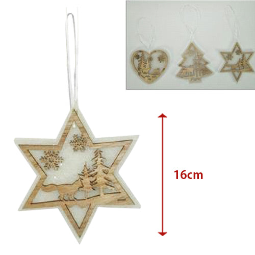 3 Appendini Natale In Legno e Ovatta Forma Stella Albero Cuore Con Scenario 16cm