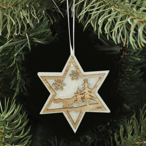 3 Appendini Natale In Legno e Ovatta Forma Stella Albero Cuore Con Scenario 16cm