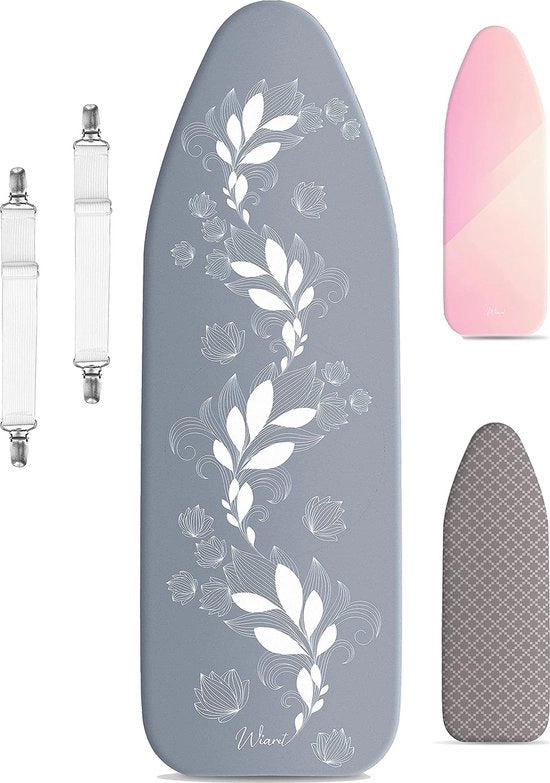 Set di copertura per ferro da stiro, misura 120 x 40 cm, comprensivo di clip di allungamento e gomma, per ferro da stiro extra spesso, grigio-bianco