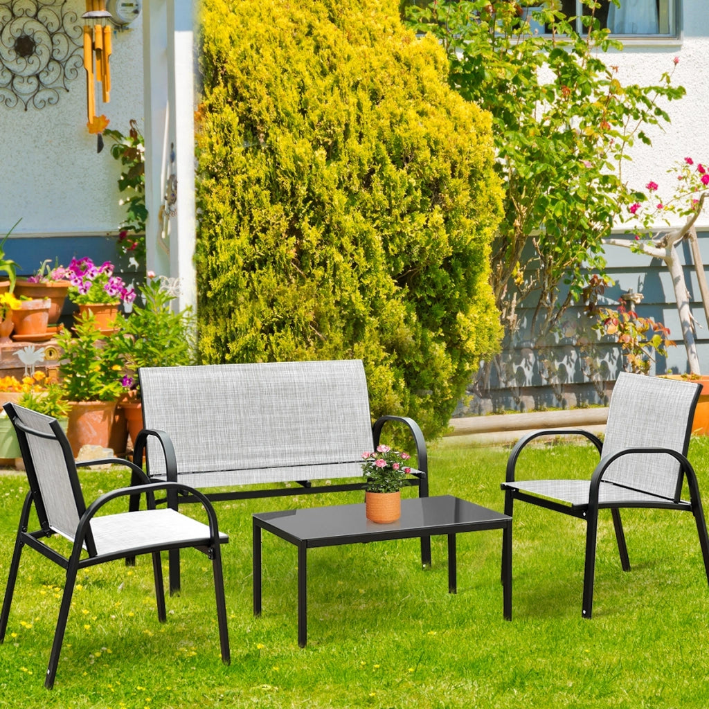 Set mobili da giardino con 4 pezzi per chiacchierare, Sedie da cortile in ferro e tessuto a rete con tavolino in vetro, Grigio-Set mobili da esterno