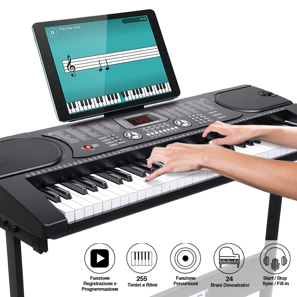 Tastiera Musicale Pianola Elettronica 61 Tasti con Supporto Sgabello e Microfono