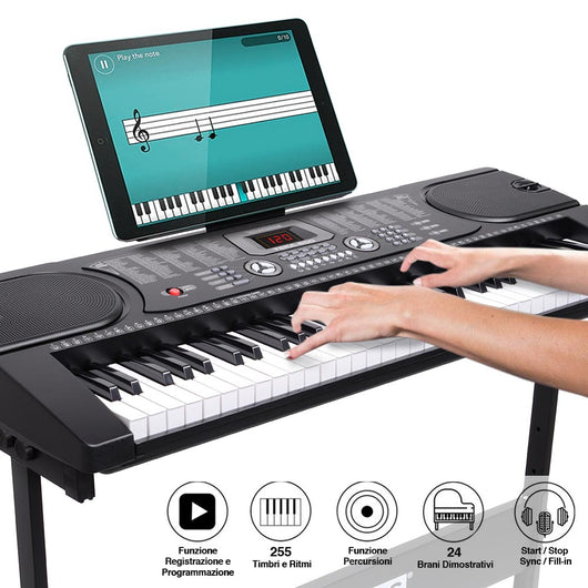 Tastiera Musicale Pianola Elettronica 61 Tasti con Supporto Sgabello e Microfono