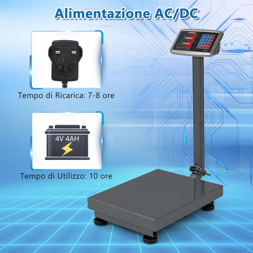 Bilancia Digitale a Piattaforma 300 kg, Bilancia a Pavimento con Calcolatrice Integrata, Conversione Unità LB/KG, per Negozio Azienda Fabbrica (Argento)