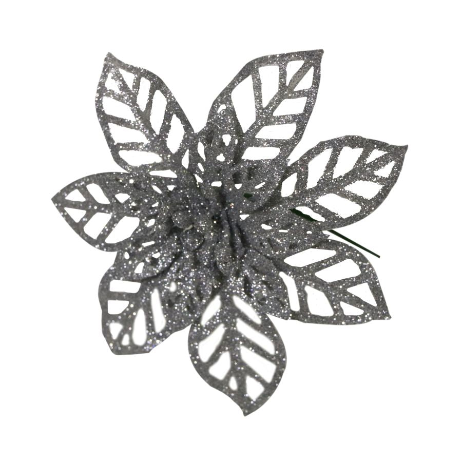 STELLA DI NATALE GLITTER ARGENTO 16CM DECORAZIONE FLOREALE PER COMPOSIZIONI