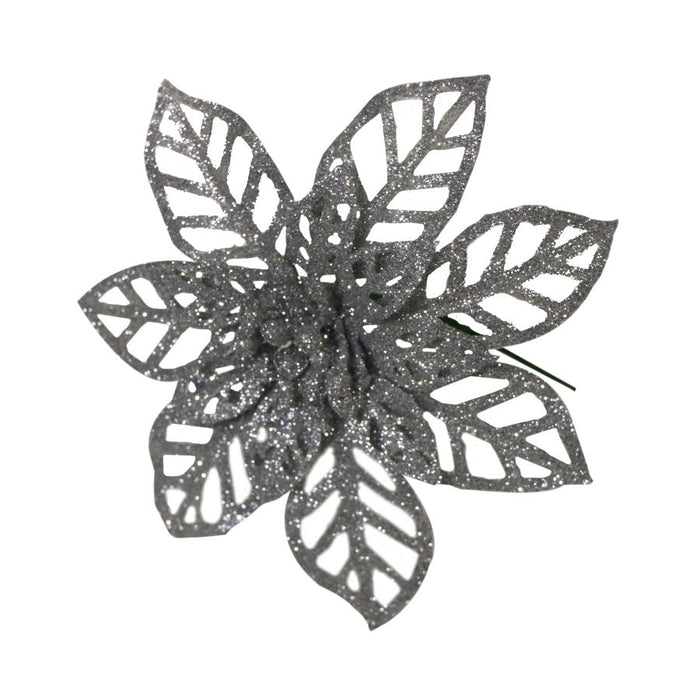 STELLA DI NATALE GLITTER ARGENTO 16CM DECORAZIONE FLOREALE PER COMPOSIZIONI