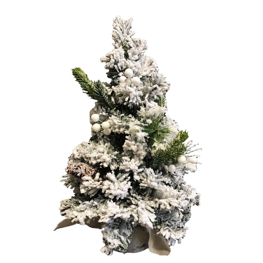 ALBERO DI NATALE INNEVATO CON PIGNE E BACCHE VAL GARDENA 40 CM  CON BASE TESSUTO