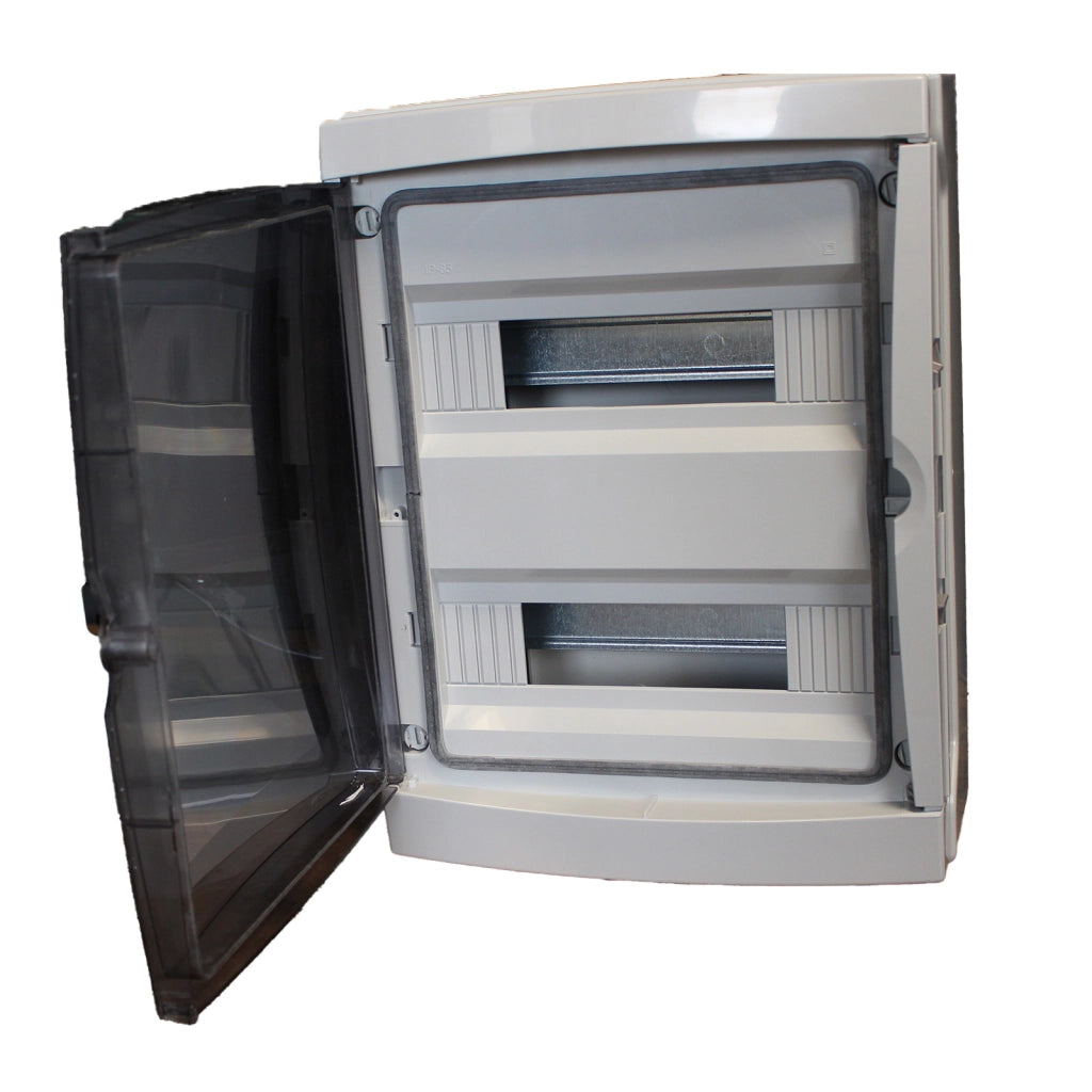 Centralino da parete 24 moduli con portello fumé, grigio RAL 7035, 290x290x140 mm, IP65, ideale per installazioni elettriche interne ed esterne