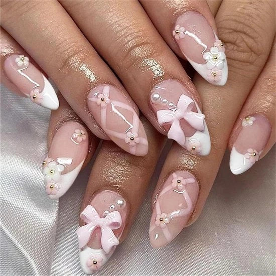 Press-on unghie glitter corti - 24 pezzi a forma di mandorla French manicure