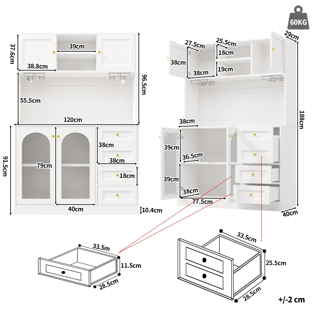 Credenza da Cucina con Ante e Cassetti; LED con Controllo da App; in MDF; 120 x 40 x 188 cm; Bianco
