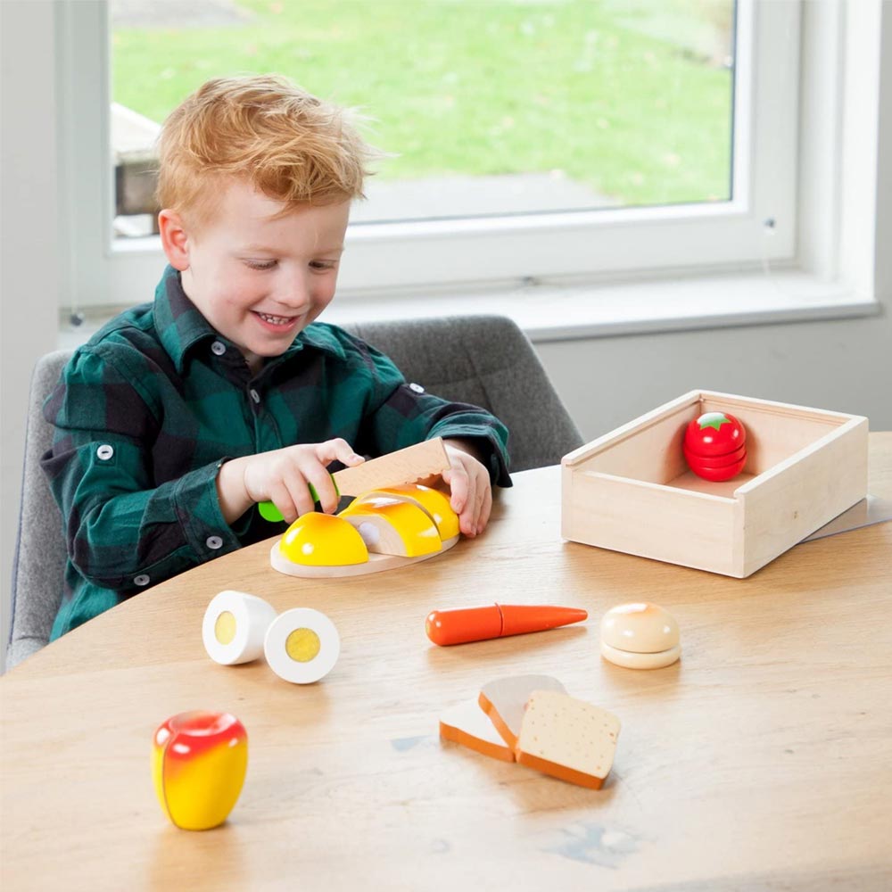 Cibi Cucina Tagliare Giocattolo Bambini in Legno con Vassoio Adesivo a Strappo