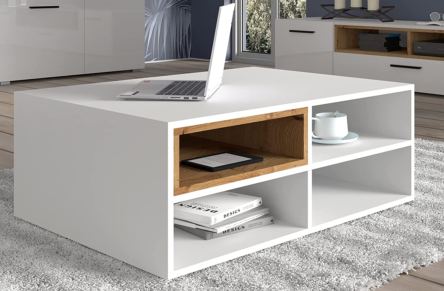 MOBILE TAVOLINO DA CAFFE' PORTA PC ANETTE 94x70x37cm BIANCO ROVERE