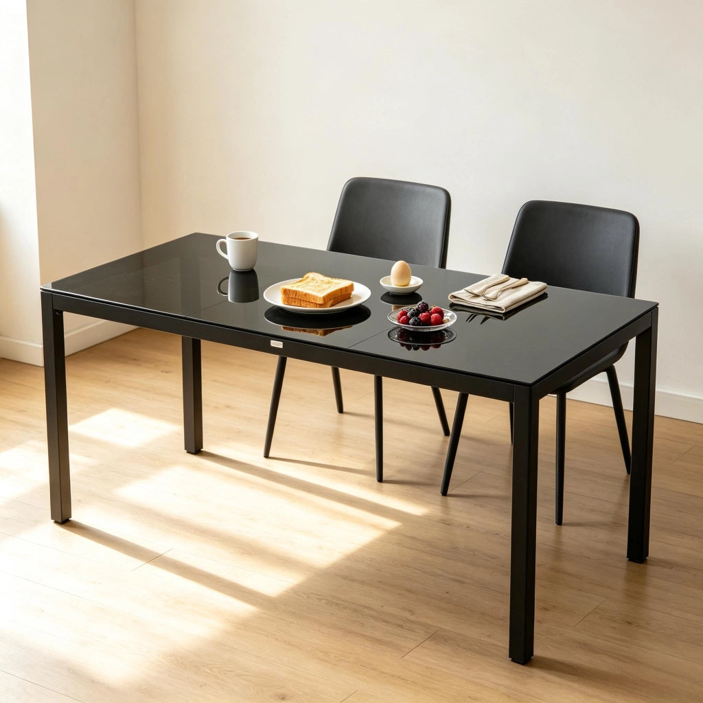 Tavolo da pranzo da esterno con piano in vetro temperato, piedini regolabili, in alluminio nero, 180 × 80 × 72 cm