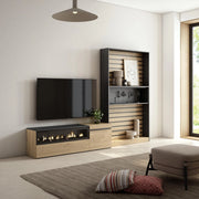 Mobile TV, Soggiorno, 260x35x186cm, Per TV fino a 65", Camino elettrico, colore Rovere e nero RF2536
