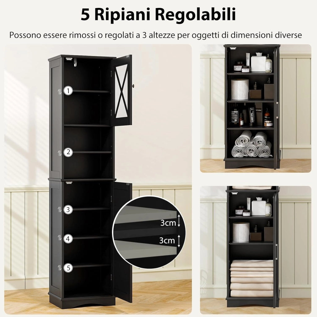 Mobile Bagno 40 x 30 x 170,5cm, Armadietto a Colonna Stretto e Alto con 5 Ripiani Regolabili e 2 Porte, Armadio da Terra in Legno per Soggiorno, Camera da Letto, Salotto e Cucina (Nero)