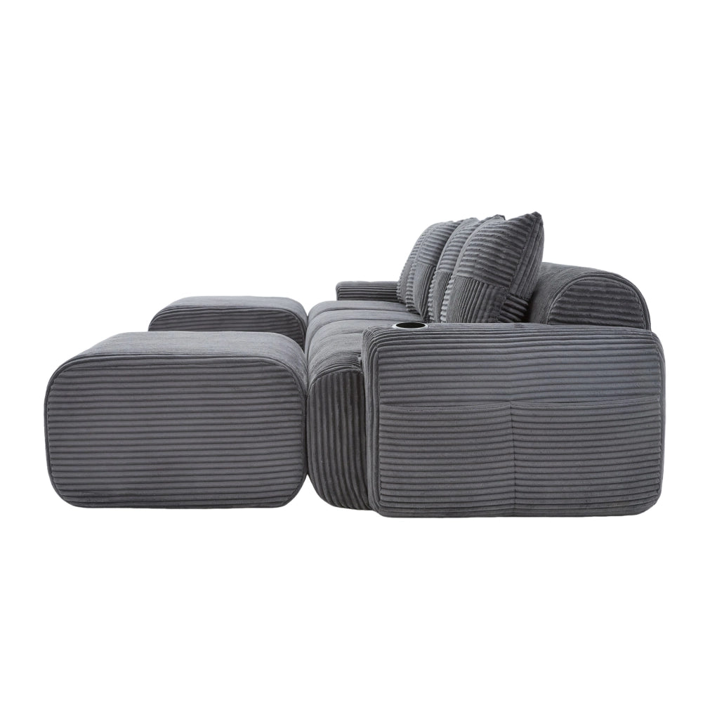 Divano modulare 4 posti in corduroy grigio scuro; 333 cm; con portabicchieri e tasca laterale