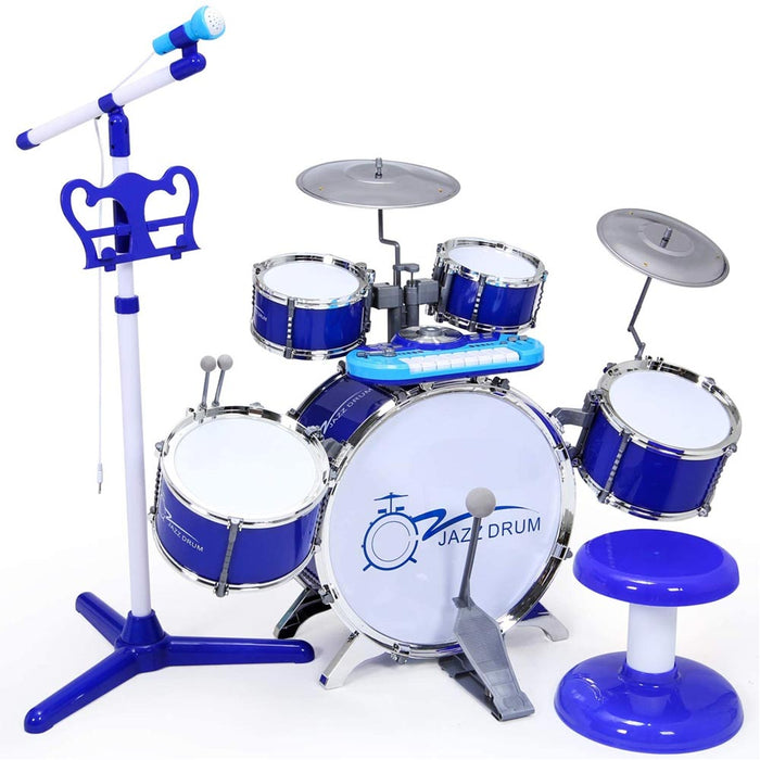 Batteria Musicale Giocattolo con Microfono Pianola Piatto DJ e Lettore MP3 Blu