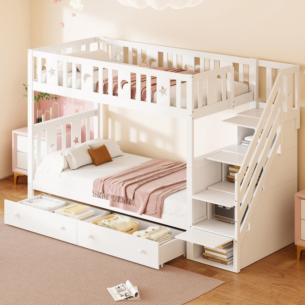 OKWISH Letto a Castello 90×200 cm e 90×200 cm, Letto 2 Posti con Scala Contenitore, 2 Cassetti e Spondine, senza Materasso