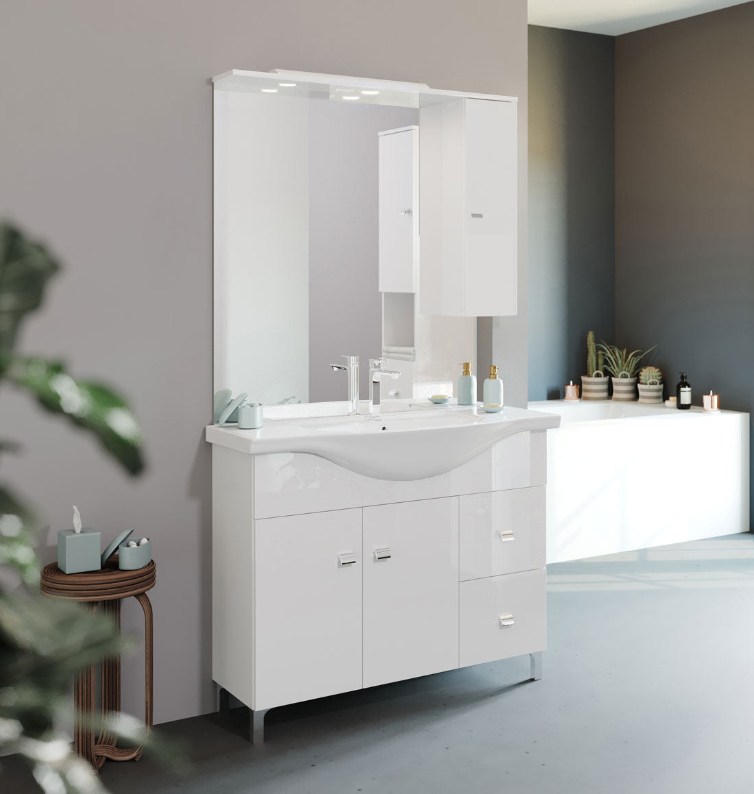Mobile da Bagno a Terra Moderno con Lavabo Specchio Led Bianco Savinidue