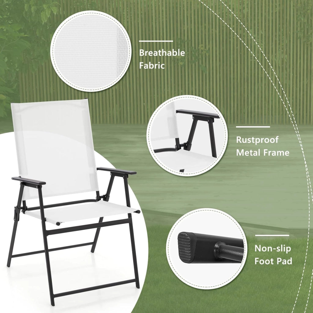 Set di 4 sedie da giardino pieghevoli, con schienale alto e bracciolo, in metallo e tessuto, portata fino a 150 kg (bianco, 4)