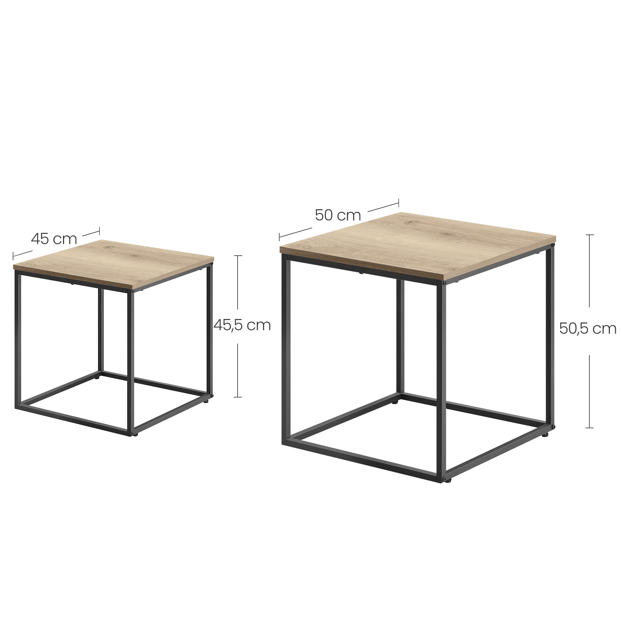 Tavolini da caffè quadrati Valora, set da 2 - piano in rovere Sonoma con gambe nere