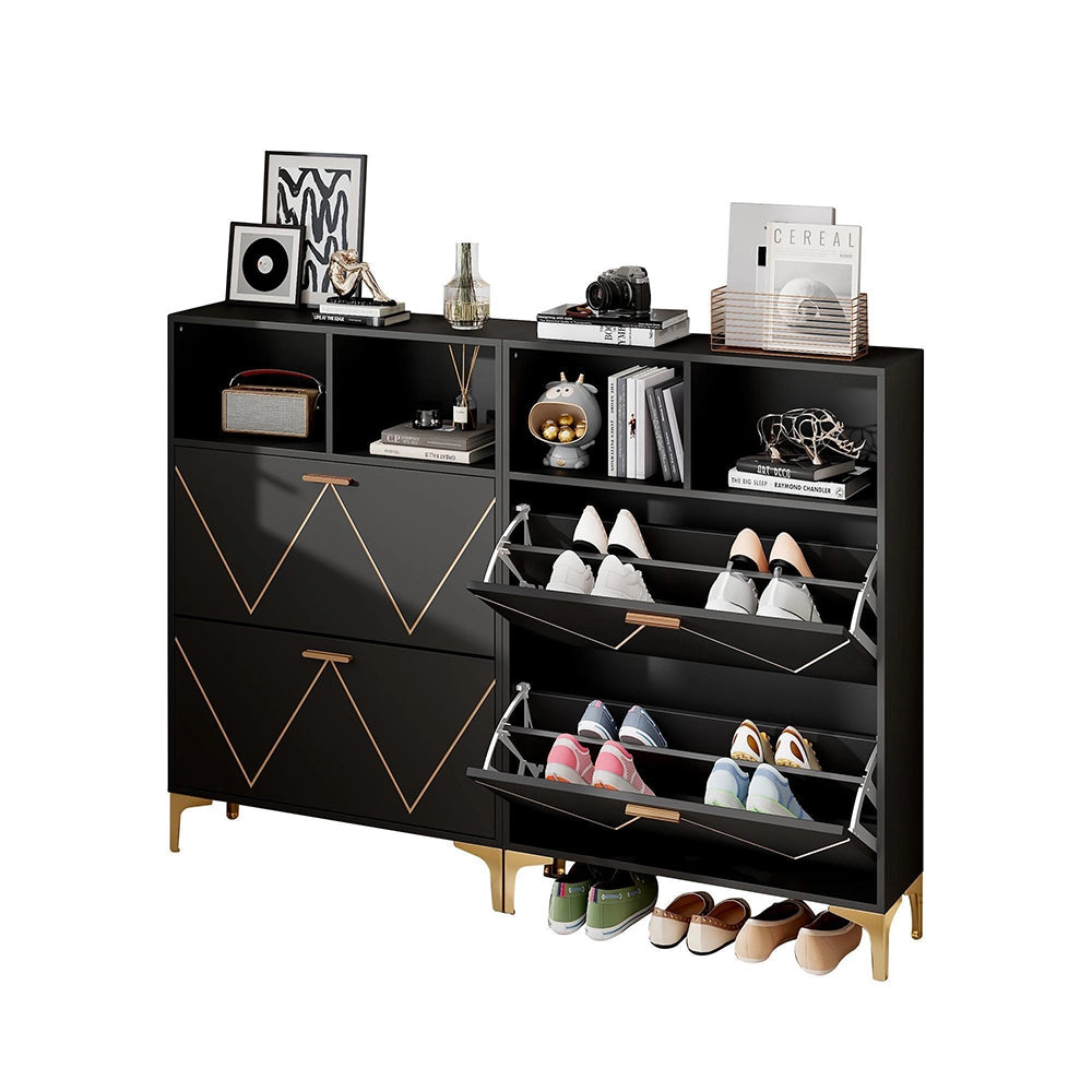 Armadio porta scarpe 4 ante - Xylo - 8 scomparti, 4 ripiani aperti, piedi rialzati, MDF e metallo