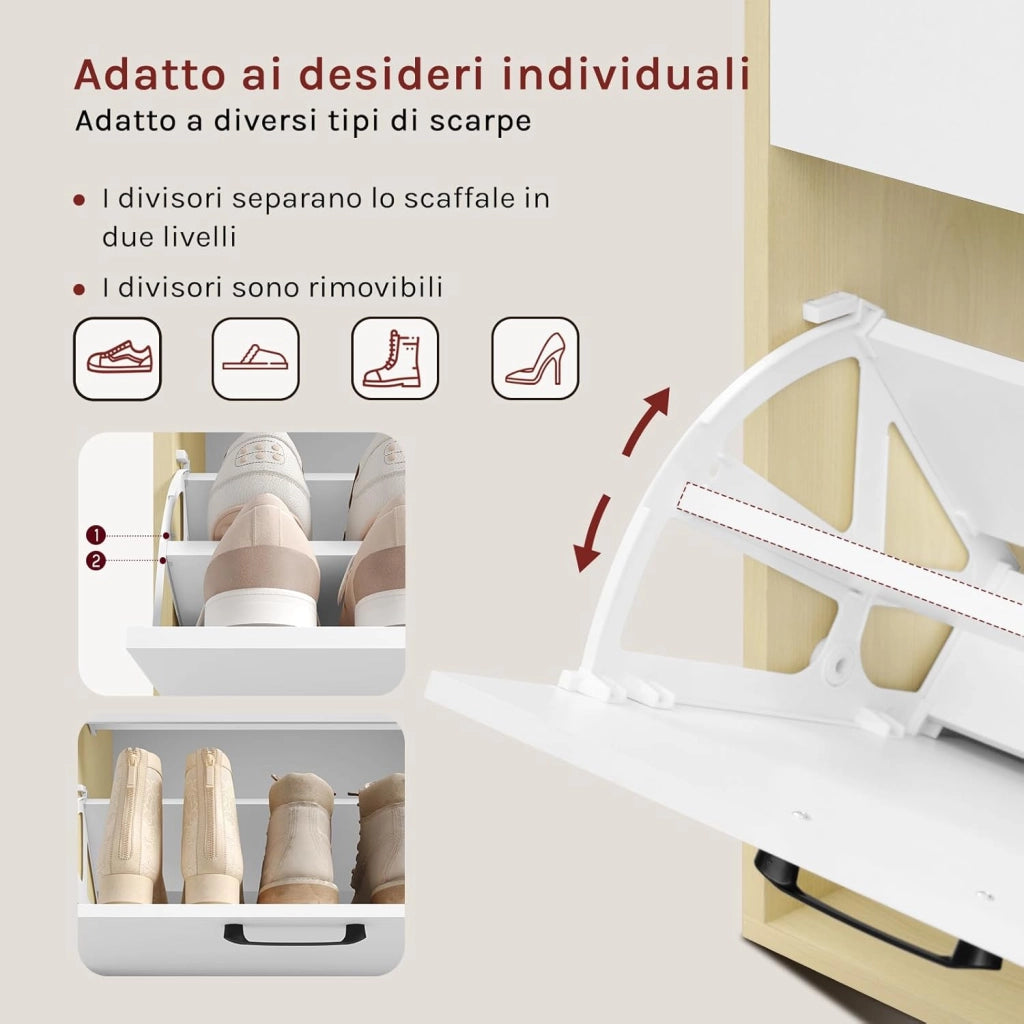 Scarpiera a Ribalta, Scarpiera da ingresso con Ripiani Aperti, Porta Scarpe con Cassetto, Organizer per Scarpe, Stivali, Bianco + legno naturale, 80x30x90cm