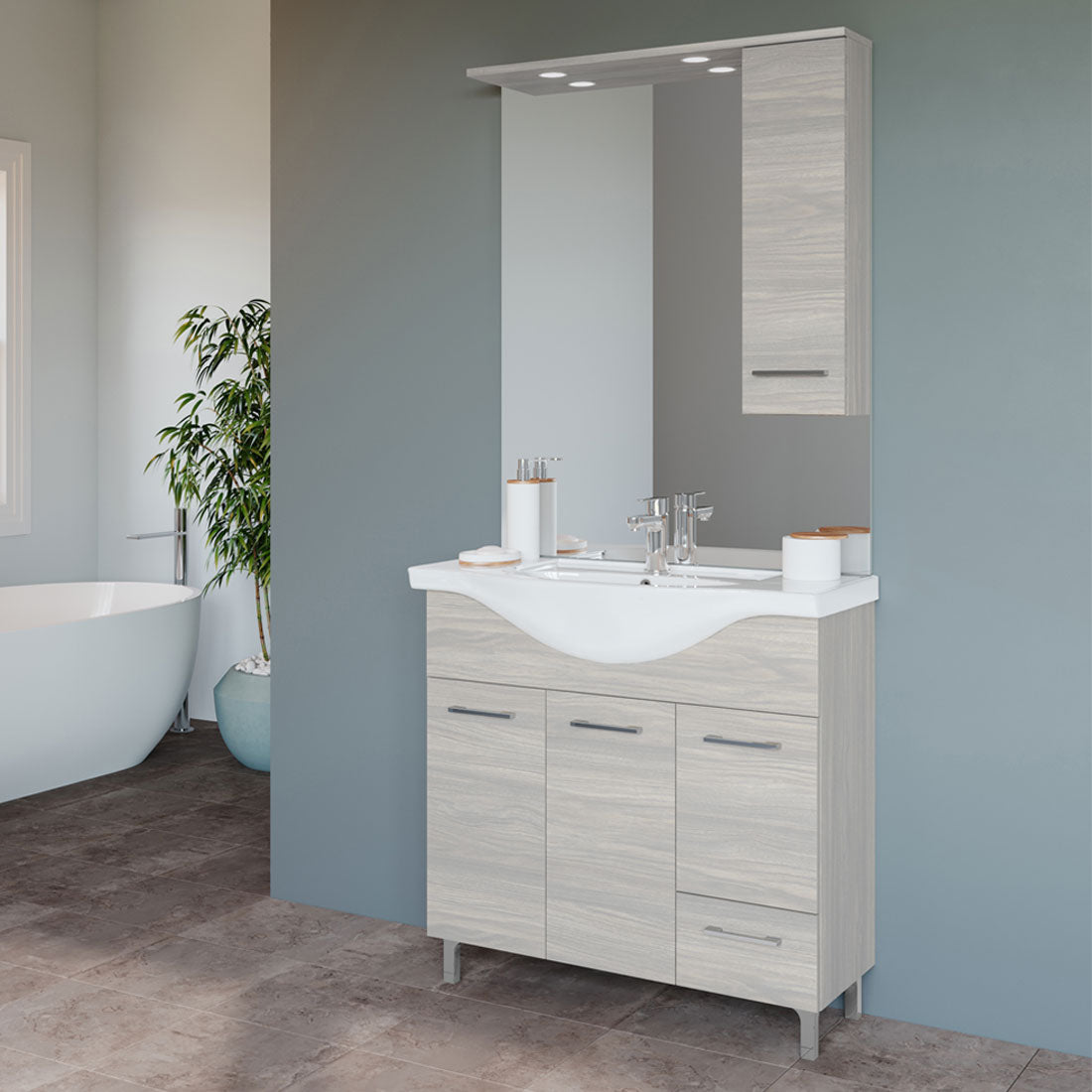 Mobile Bagno Composizione con Lavabo Lampada Led Rovere Grigio Venere Savinidue