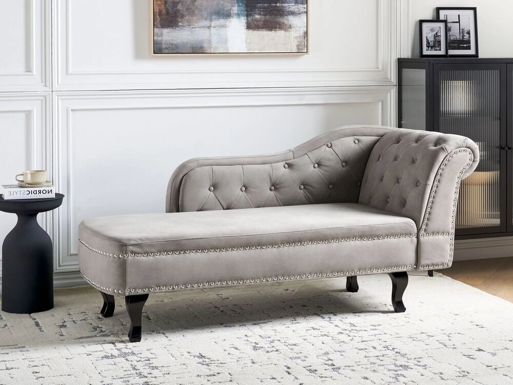 Chaise longue in velluto tortora versione destra Con Bottoni stile retrò