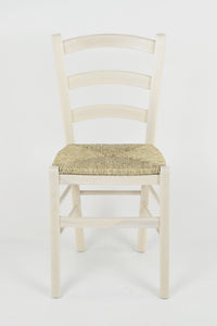 Sedia Venice Tommychairs, robusta struttura in legno di faggio verniciata in anilina bianca e seduta in paglia