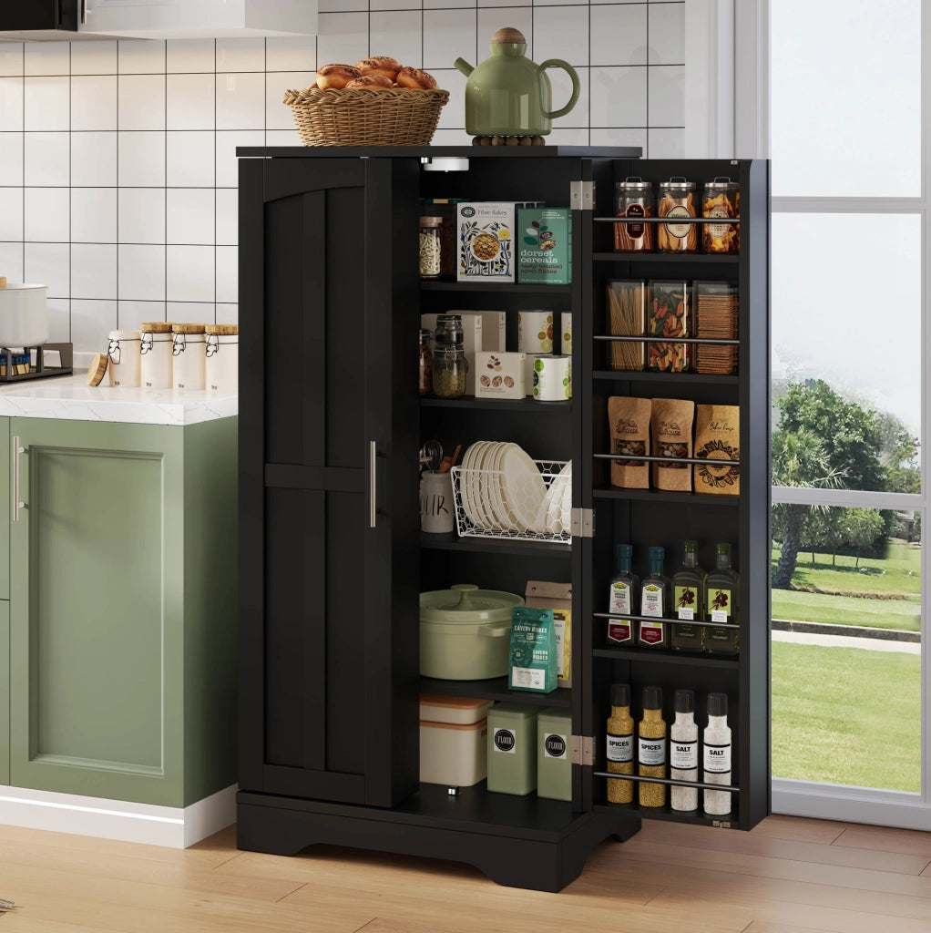 Credenza alta 120x60x40 cm con luce LED sensore; ripiani regolabili in MDF nero