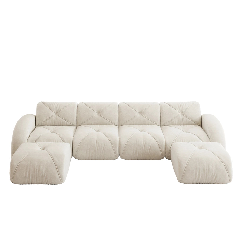 Divano modulare a U 4 posti in ciniglia beige chiaro con 2 pouf HOMVRA