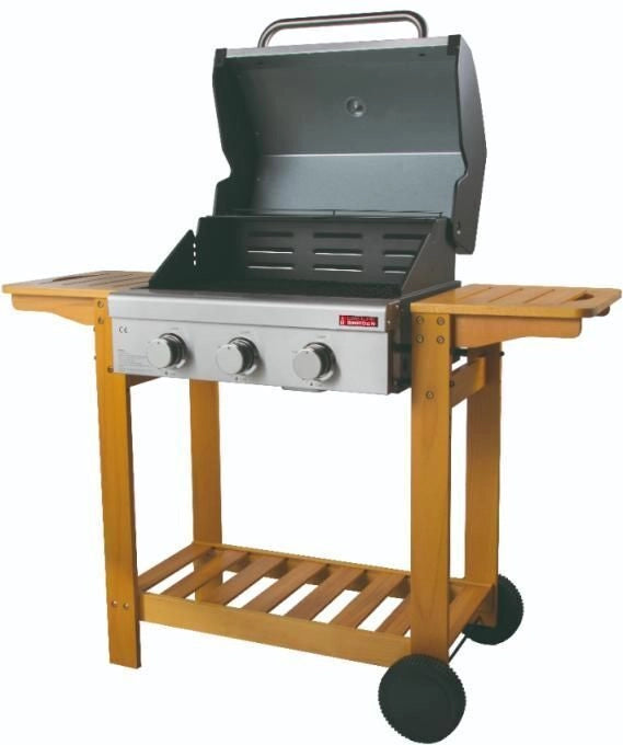 Sandrigarden AUSTRALIA Barbecue a gas 3 bruciatori in acciaio inox 10,8 kW con griglie in ghisa e ripiani in legno FSC (115x58x131 cm) colore Nero