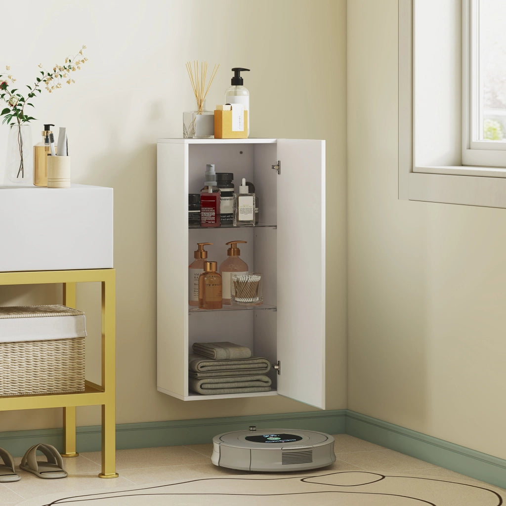 MobilettoPensile da Bagno con 2 Ripiani in Vetro Regolabili e Anta Senza Maniglia Bianco Lucido