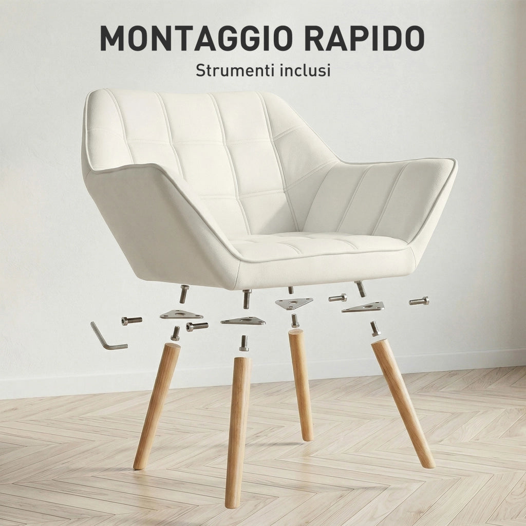 Poltrona Design Scandinava in Legno e Velluto Crema ¨C Zephmum ¨C 67x61.5x71cm