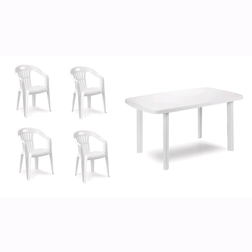Set 4 Sedie impilabili + Tavolo in Polipropilene da Giardino Colore Bianco Mod. Lido