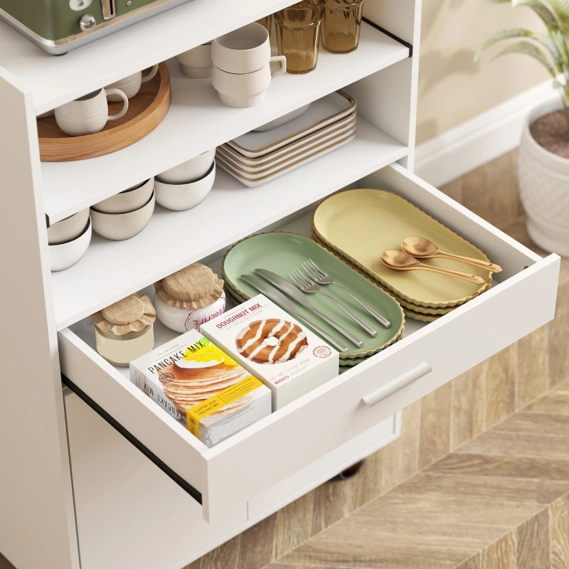 Mobile contenitore da cucina per microonde con piano estraibile 1 cassetto anta doppia e ruote bianco moderno in MDF