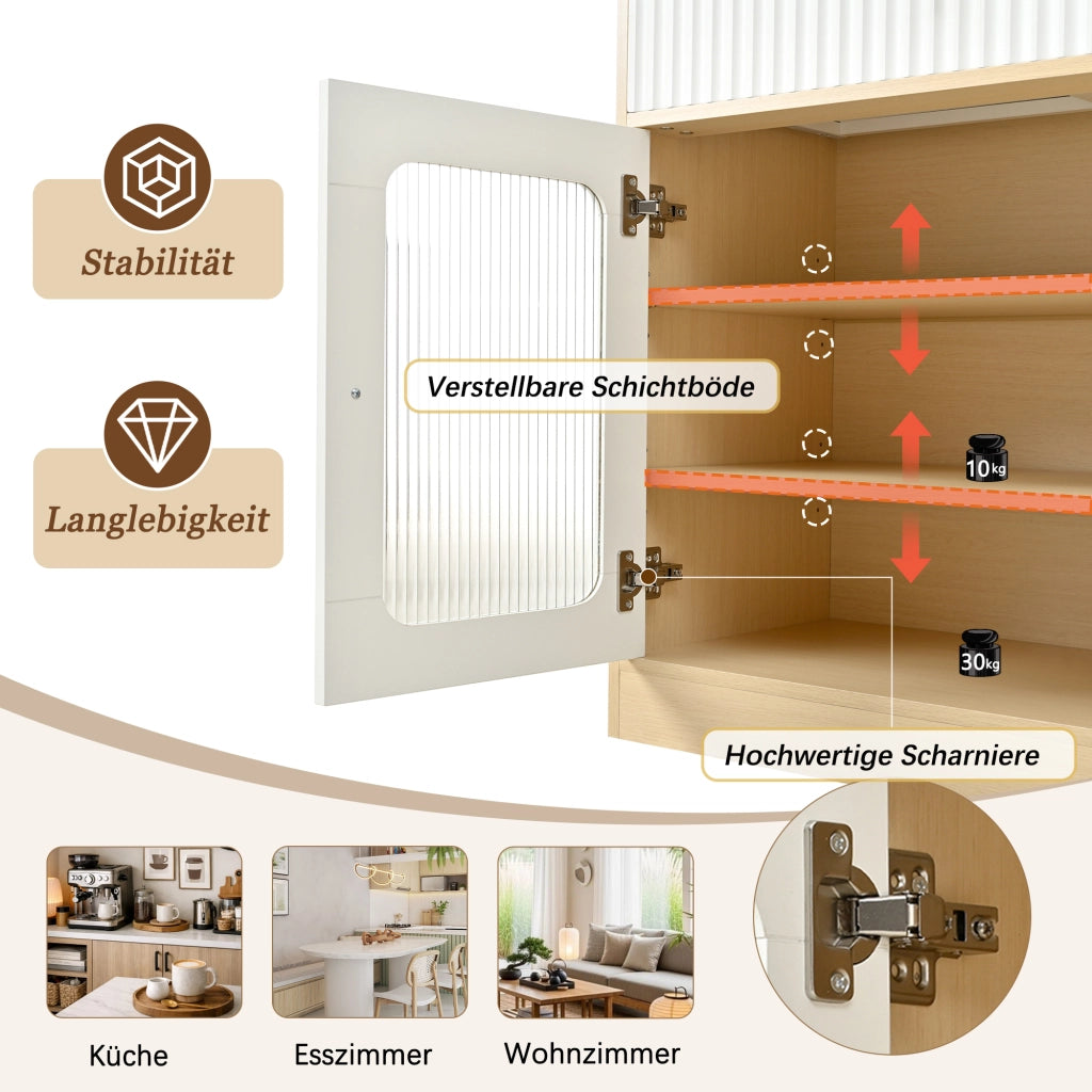 Credenza alta con LED, 1 cassetto, ripiani regolabili e anta a ribalta, per cucina e soggiorno, 80 × 40 × 180 cm