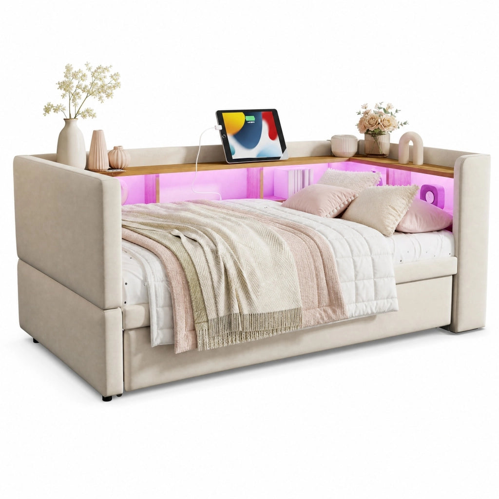 Divano letto imbottito multifunzione con vani contenitore, LED, prese e struttura in metallo, beige, 90/180 x 190 cm