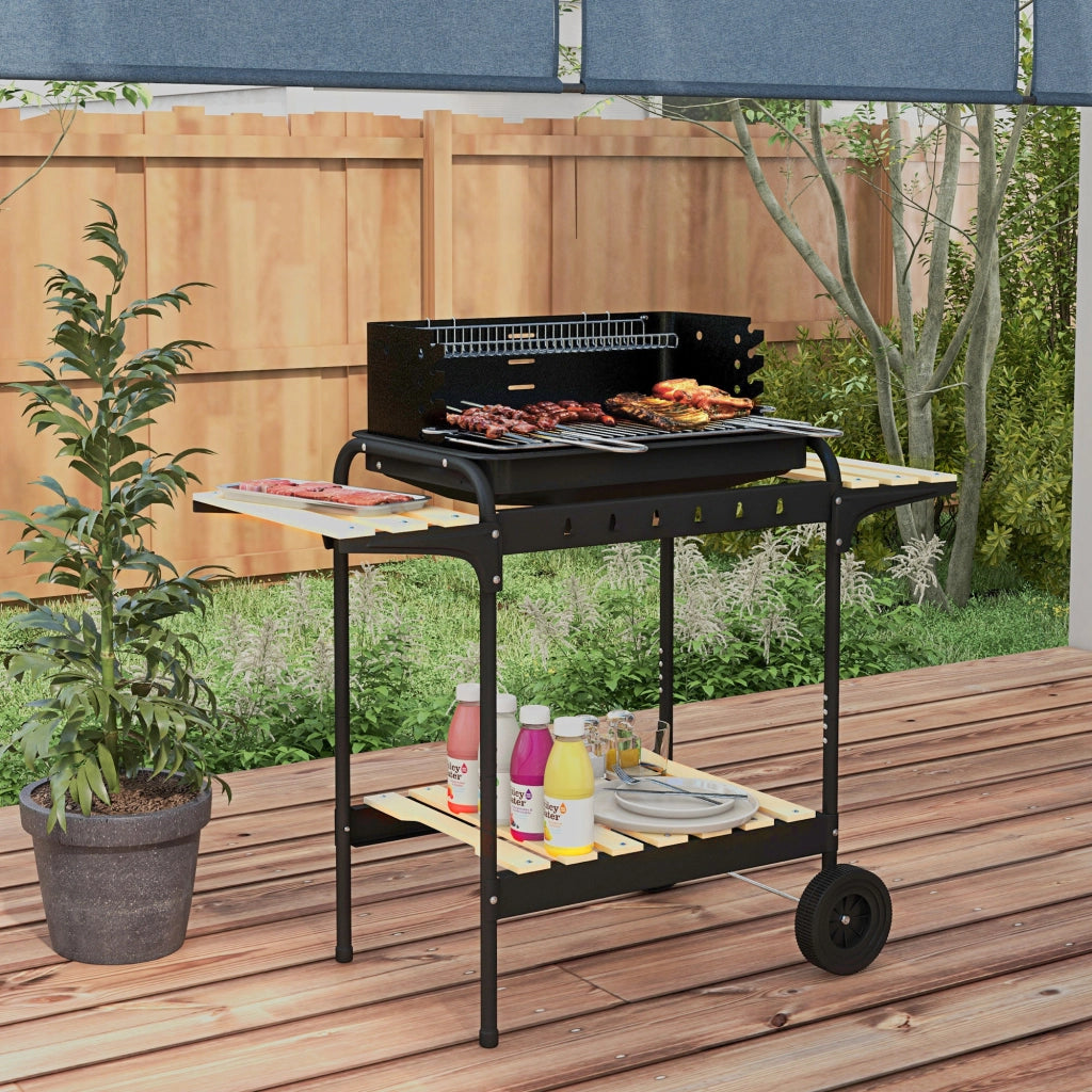 Barbecue a carbone con piede, griglia regolabile, 2 ruote e 3 ripiani ¨C zephmum ¨C nero