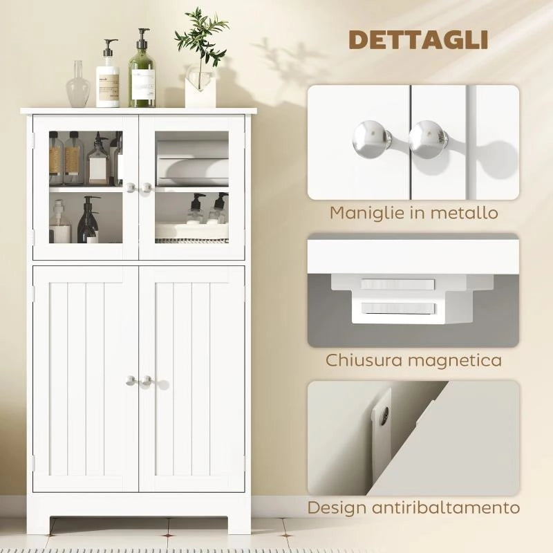MOBILETTO BAGNO CON DUE ARMADIETTI, ANTE IN VETRO E RIPIANO REGOLABILE, 60X30X108.5 CM, BIANCO