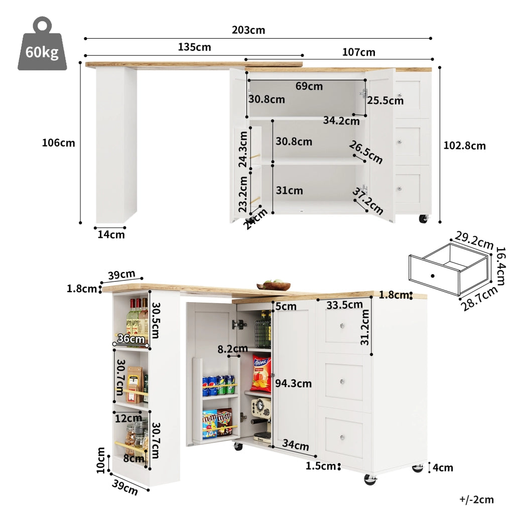 Isola cucina 203x39x104 cm girevole con ruote e ripiani in MDF bianco