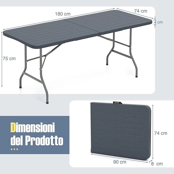 Tavolo Pieghevole Giardino da 180 cm, Tavolo Picnic in HDPE, con Meccanismo di Blocco Sicuro, Tavolo Esterno per per Festa, Picnic, Campeggio, Portata 160 kg