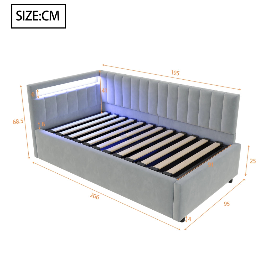 Letto imbottito 90x200 cm con LED, contenitore idraulico, tessuto effetto velluto, grigio chiaro