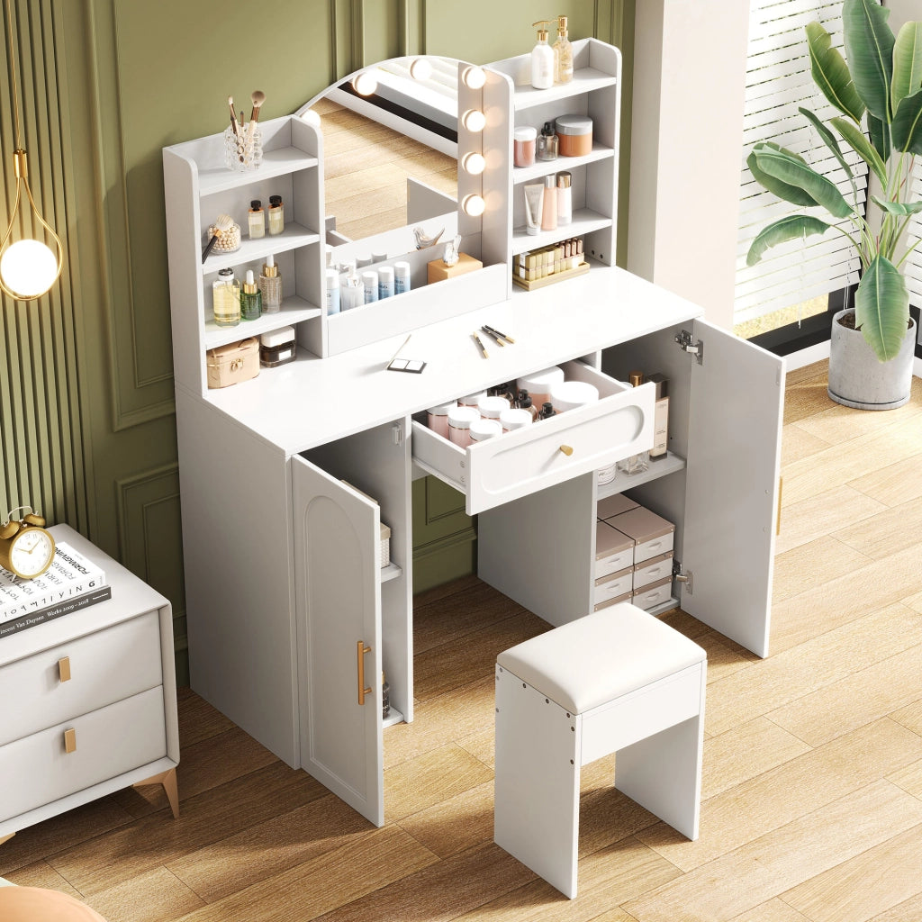 Scrivania Toeletta con Specchio LED, Cassetto e Ante ¨C MINIMAL ¨C Bianco, 110x40x132