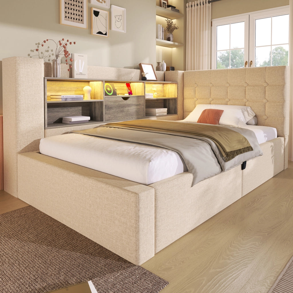 Letto singolo 90x200 cm con contenitore; LED; porte USB e Type-C; beige; con materasso