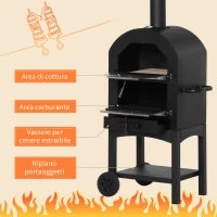 Forno per Pizza e Barbecue a Carbone Portatile in Acciaio con Camino e Ruote, 63x54x161 cm, Nero