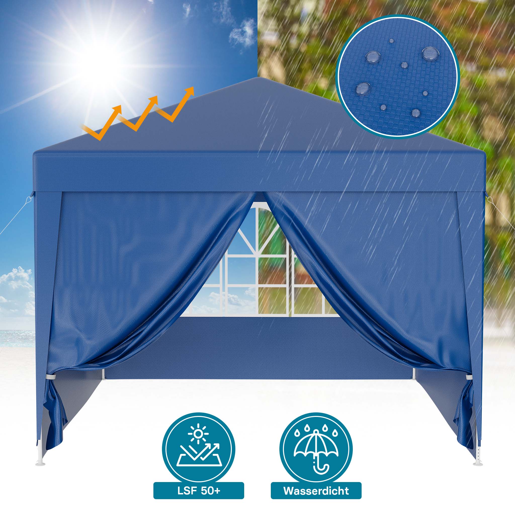 Gazebo 3 x 3 m in blu con protezione UV 50+, tendone da giardino con pareti laterali rimovibili, tenda da festa con finestre, ad esempio per terrazze e festival