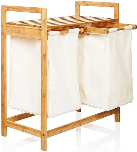 Borsa di bambù con 2 sacchetti rimovibili bianchi, contenitore di stoccaggio circa 73 x 64 x 33 cm